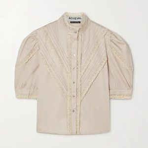 ACHEVAL PAMPA NET SUSTAIN YEGUA PLEATED LACE-TRIMMED POPLIN BLOUSE